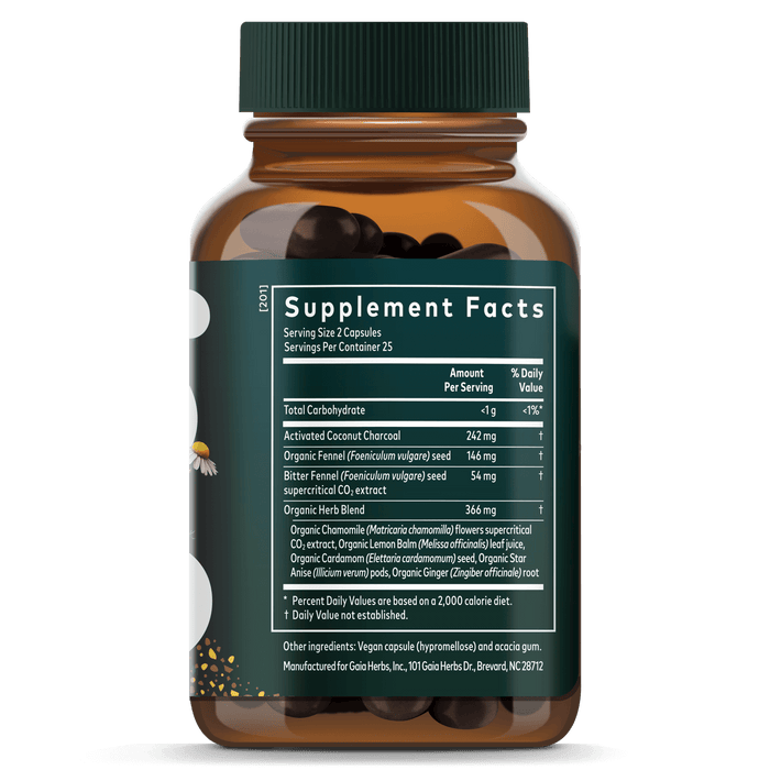 Gaia Herbs Gas & Bloating for Digestive Support || 50 ct Supplement Facts Bottle Panel