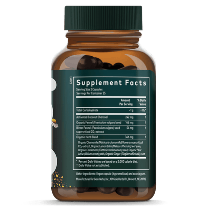 Gaia Herbs Gas & Bloating for Digestive Support || 50 ct Supplement Facts Bottle Panel