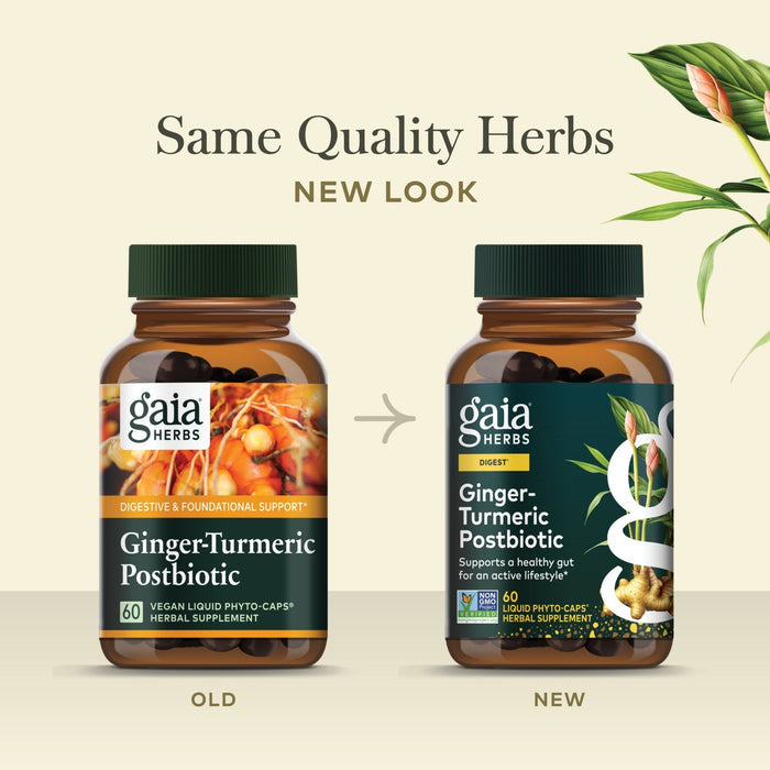 Ginger-Turmeric Postbiotic 60 count Old Label Versus New Label Comparison