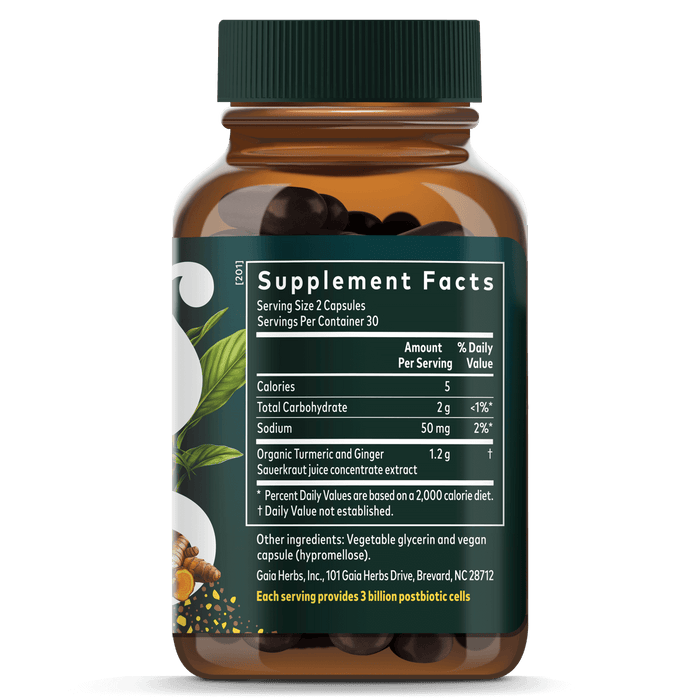 Gaia Herbs Ginger-Turmeric Postbiotic || 60 ct Supplement Facts Bottle Panel