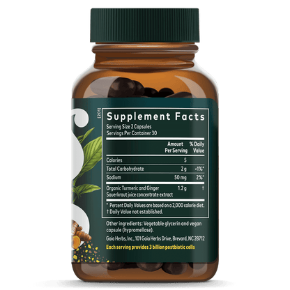 Gaia Herbs Ginger-Turmeric Postbiotic || 60 ct Supplement Facts Bottle Panel