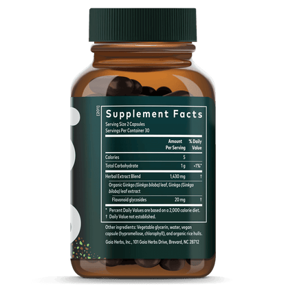 Gaia Herbs Ginkgo Pills for Brain & Cognitive Support || 60 ct Supplement Facts