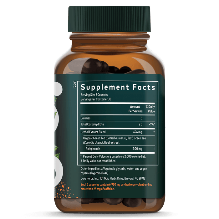Gaia Herbs Green Tea Pills for Energy Support || 60 ct Supplement Facts Bottle Panel