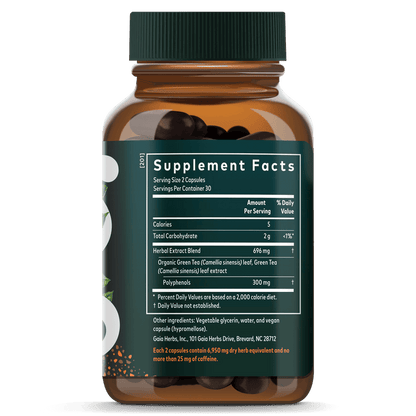 Gaia Herbs Green Tea Pills for Energy Support || 60 ct Supplement Facts Bottle Panel