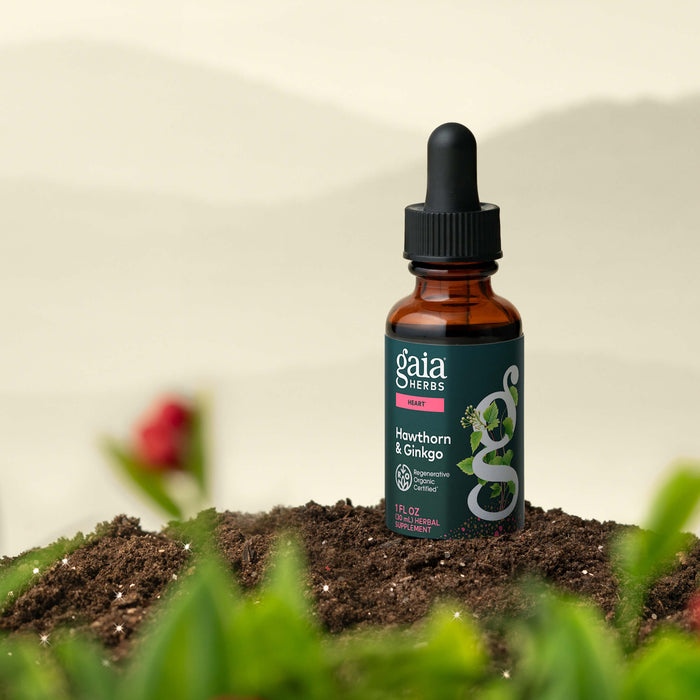 Gaia Herbs Hawthorn & Ginkgo tincture bottle with plants in the foreground