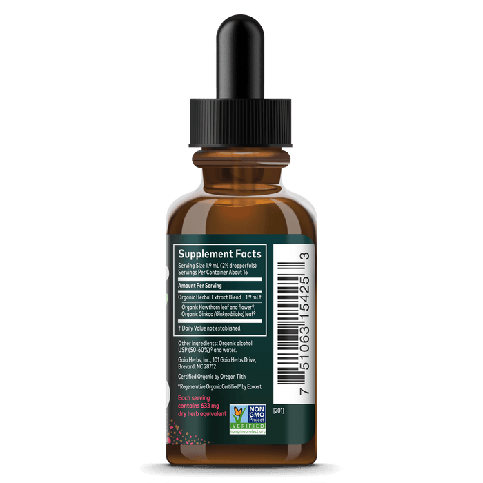 Gaia Herbs Hawthorn & Ginkgo Extract, Certified Organic for Heart Support || 1 oz Supplement Facts Bottle