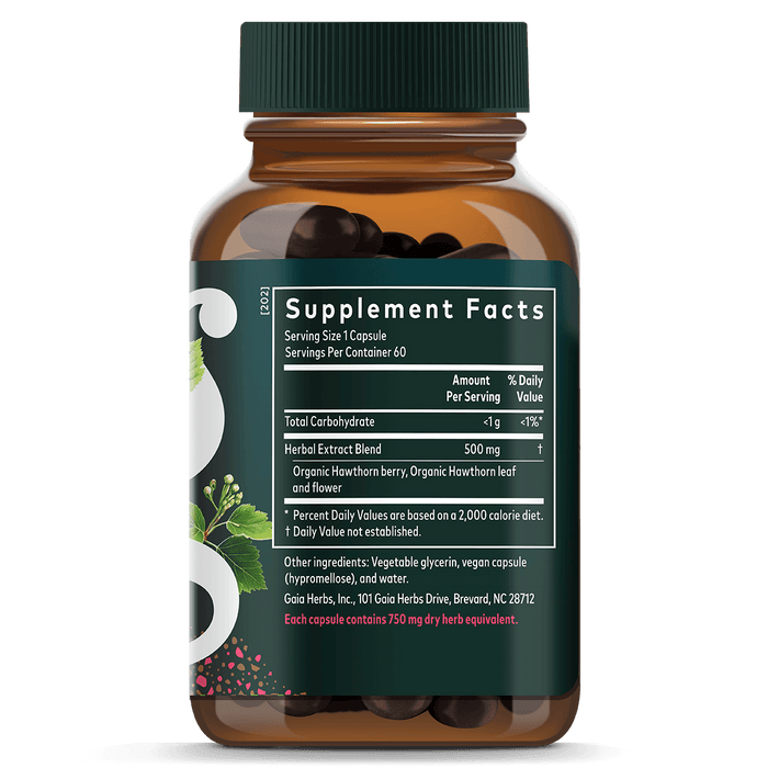 Gaia Herbs Hawthorn Supreme for Heart Support || 60 ct Supplement Facts Bottle Panel