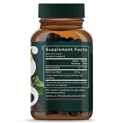 Gaia Herbs Hawthorn Supreme for Heart Support || 60 ct Supplement Facts Bottle Panel