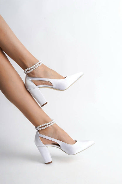 Holly | White Satin High Heels with Pearls
