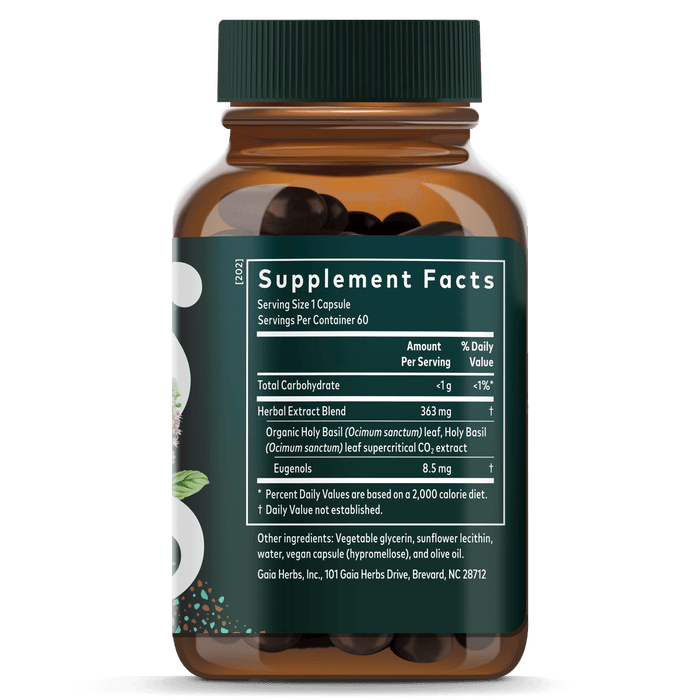 Gaia Herbs Holy Basil Capsules for Stress Support || 60 ct Supplement Facts Bottle Panel