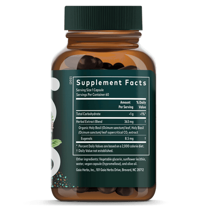 Gaia Herbs Holy Basil Capsules for Stress Support || 60 ct Supplement Facts Bottle Panel