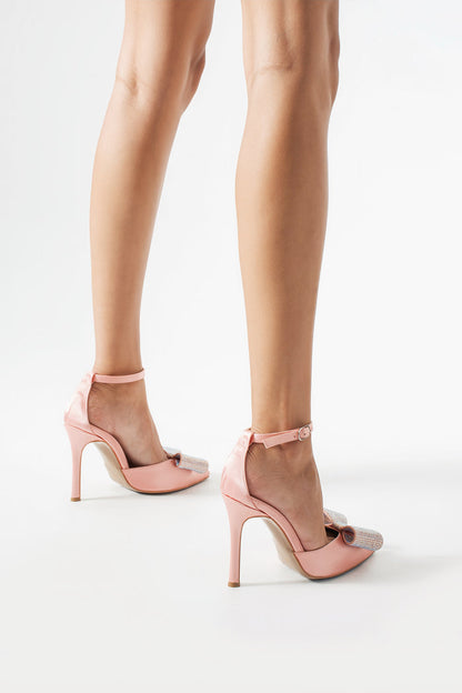 Janet | Rose Satin High Heels with Rhinestone Bow