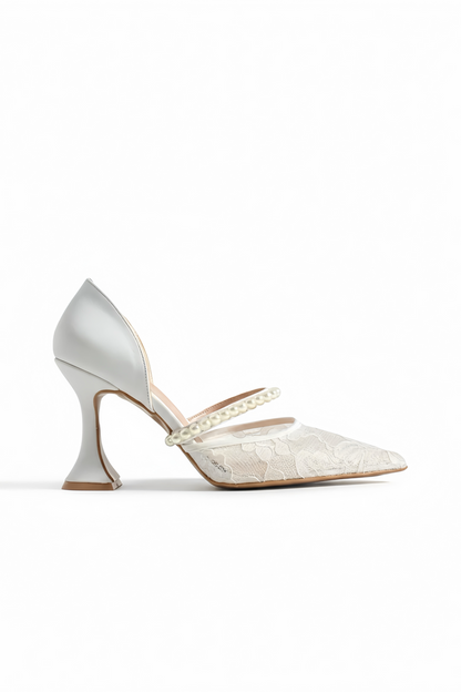 Janice | Ivory Lace High Heels with Pearl Strap