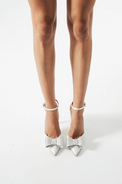 Jill | Ivory Satin High Heels with Rhinestone Bow