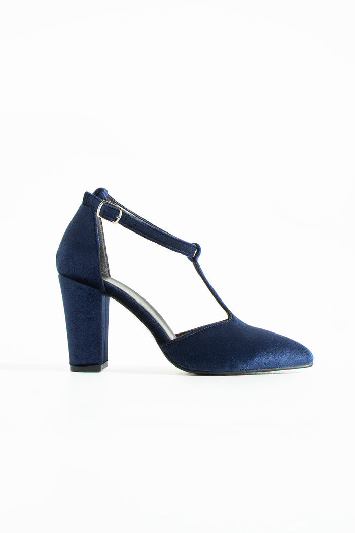 Katell | Navy Velvet T-Strap High Heels