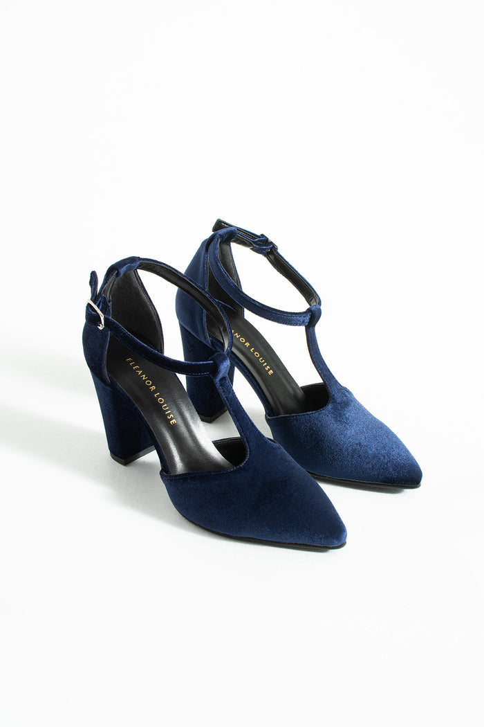 Katell | Navy Velvet T-Strap High Heels