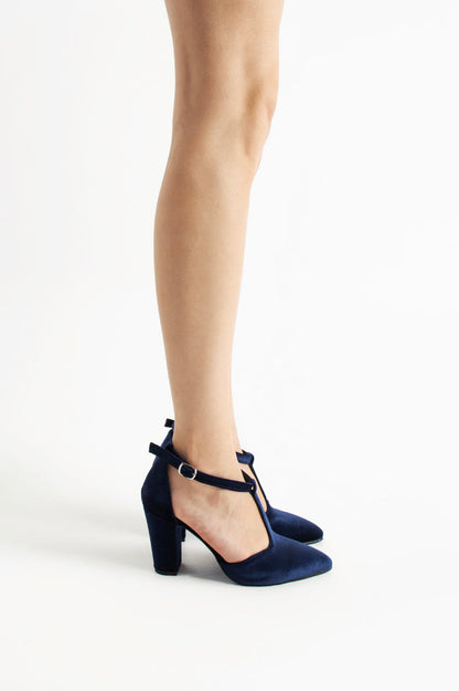 Katell | Navy Velvet T-Strap High Heels