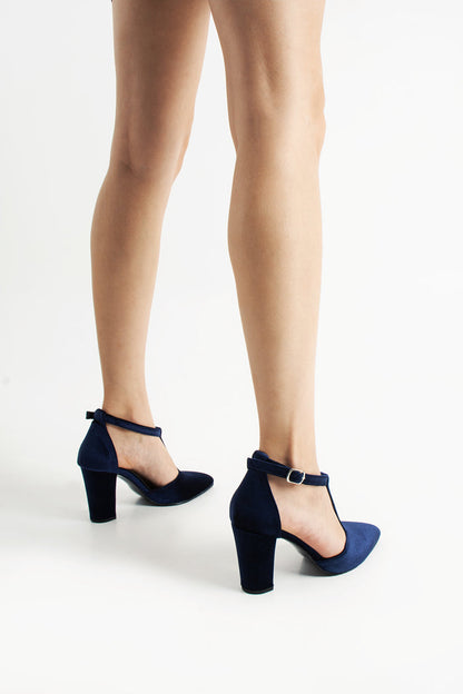 Katell | Navy Velvet T-Strap High Heels