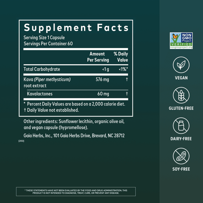 Kava Root 60 Count Supplement Facts Panel