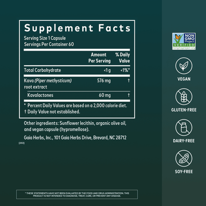 Kava Root 60 Count Supplement Facts Panel