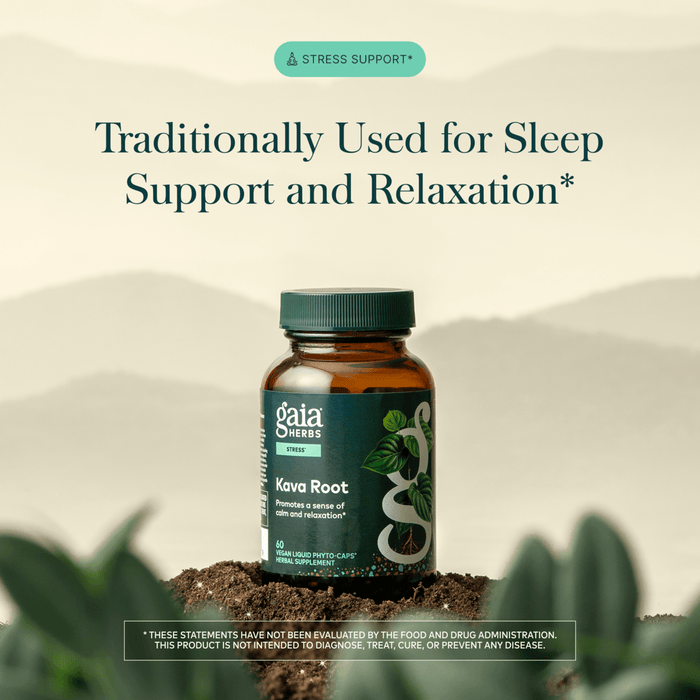 Gaia Herbs Kava Root 60 count supplement bottle with claim on a natural background with plants.
