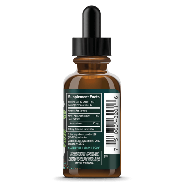 Gaia Herbs Kava Root for Stress Support || 1 oz Supplement Facts Bottle Panel