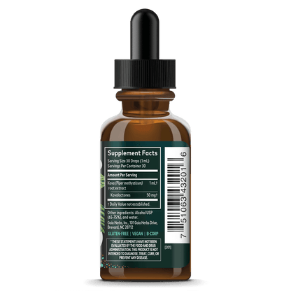 Gaia Herbs Kava Root for Stress Support || 1 oz Supplement Facts Bottle Panel