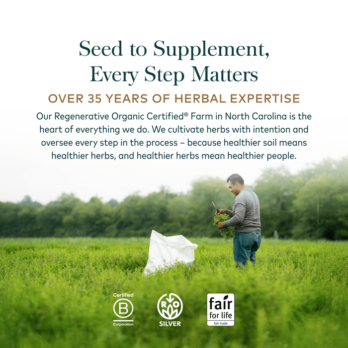 Seed to Supplement, Every Step Matters language on a farmer in a field background