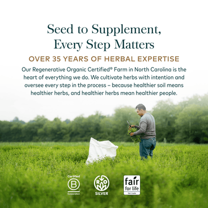 Seed to Supplement, Every Step Matters language on a farmer in a field background