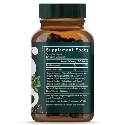 Gaia Herbs Lactation Support for Women || 60 ct Supplement Facts Bottle Label