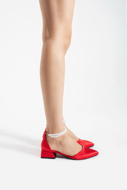 Leah | Red Satin Low Heels with Pearls