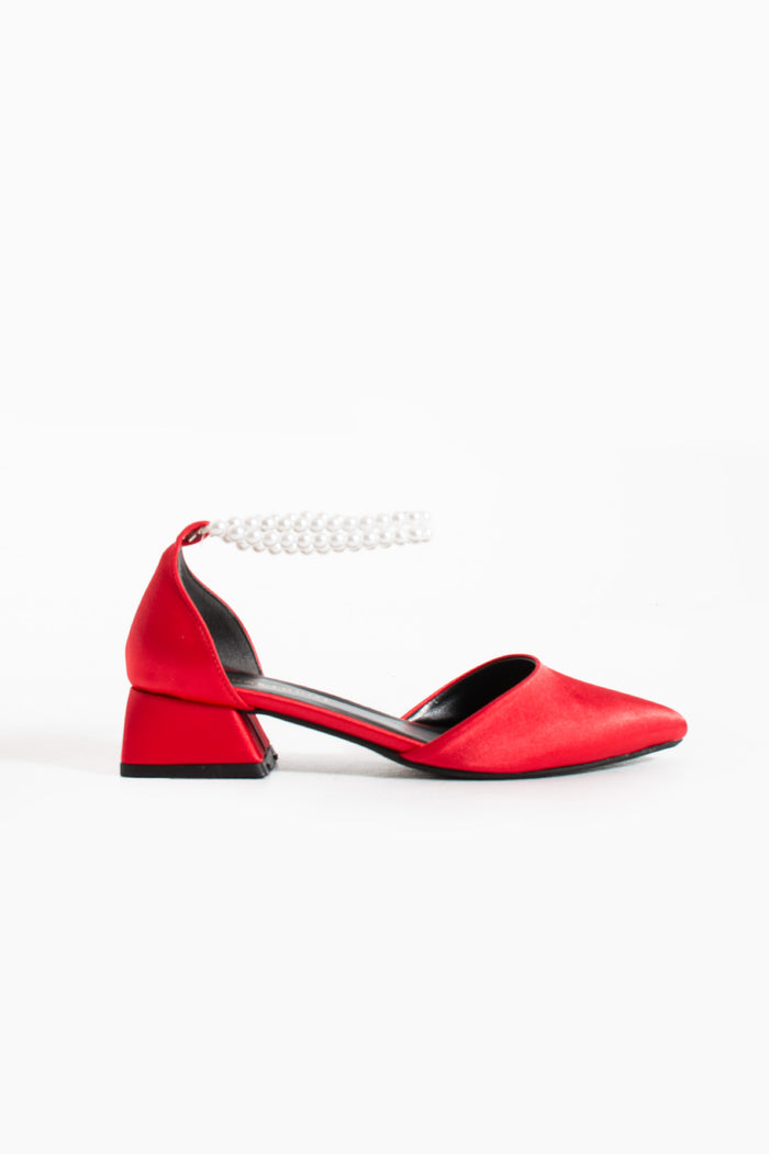 Leah | Red Satin Low Heels with Pearls