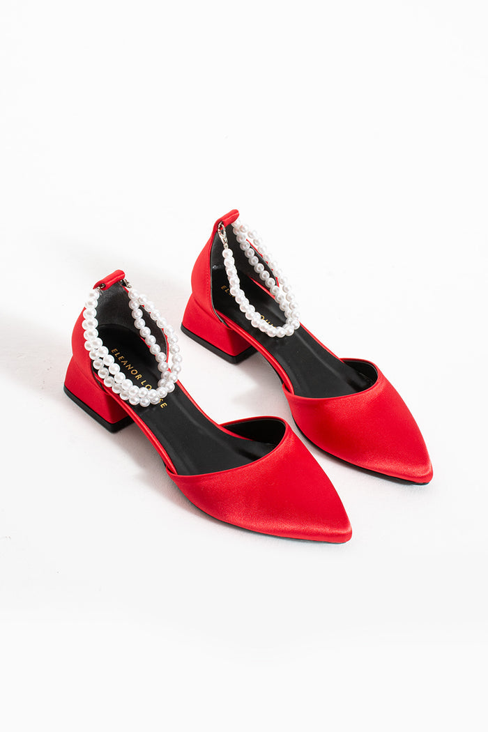 Leah | Red Satin Low Heels with Pearls