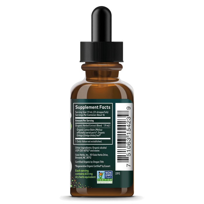 Gaia Herbs Lemon Balm & Ginkgo Extract, Certified Organic for Brain Health || 1 oz Supplement Facts Bottle