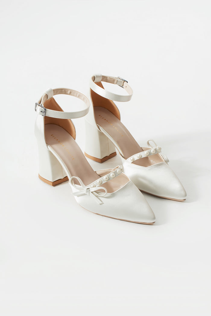 Linda | Ivory Satin Bow High Heels with Pearls