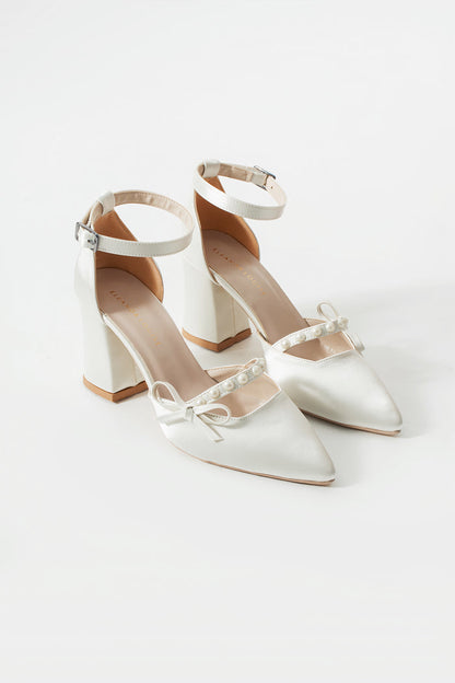 Linda | Ivory Satin Bow High Heels with Pearls
