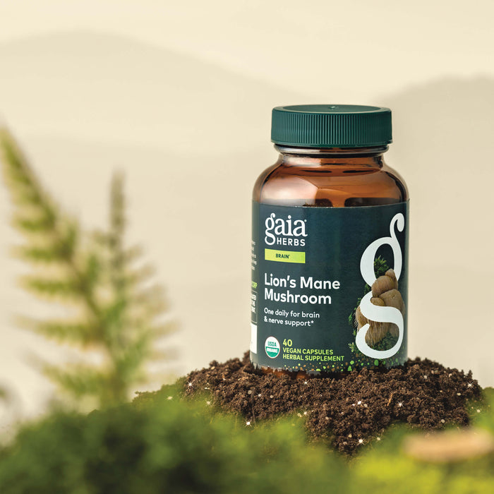 Gaia Herbs Lion's Mane Mushroom 40 count supplement bottle on a natural background with plants.