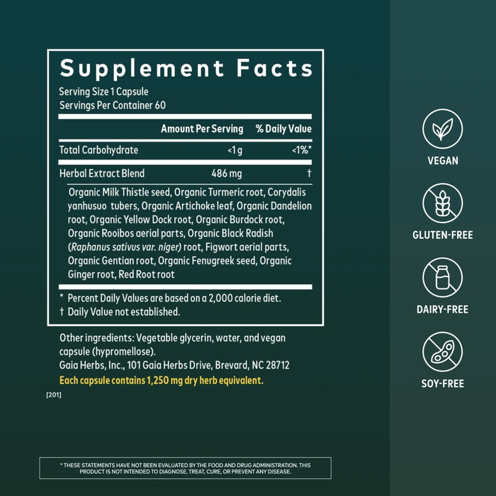 Gaia Herbs Liver Cleanse for Liver Support || 60ct Supplement Facts