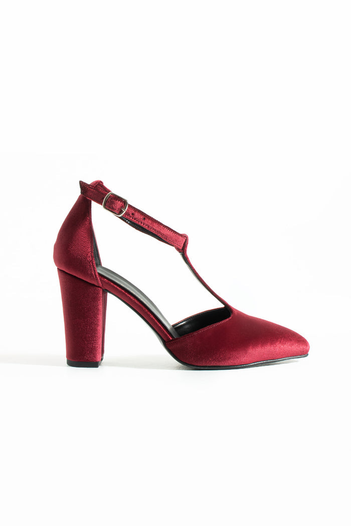 Louane | Burgundy Velvet T-Strap High Heels
