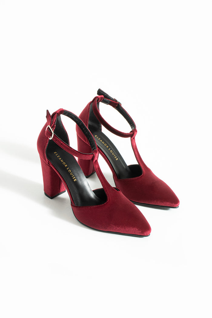 Louane | Burgundy Velvet T-Strap High Heels