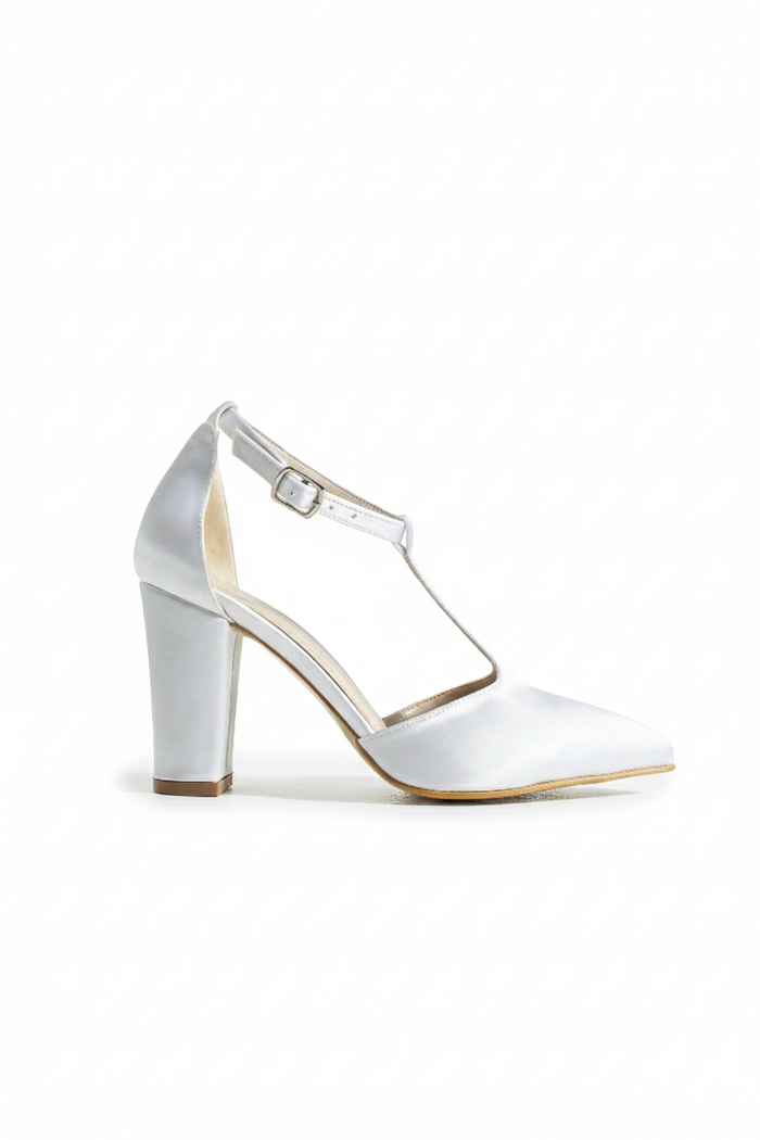 Lucienne | White Satin T-Strap High Heels