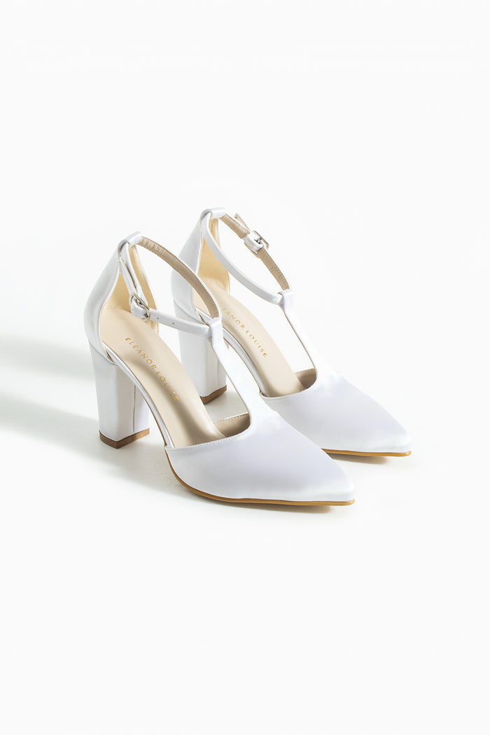 Lucienne | White Satin T-Strap High Heels