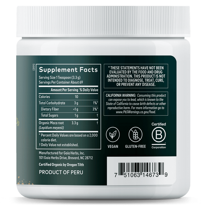 Gaia Herbs Maca Powder for Energy Support || 8 ounce Supplement Facts Panel