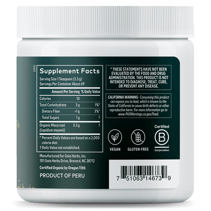 Gaia Herbs Maca Powder for Energy Support || 8 ounce Supplement Facts Panel