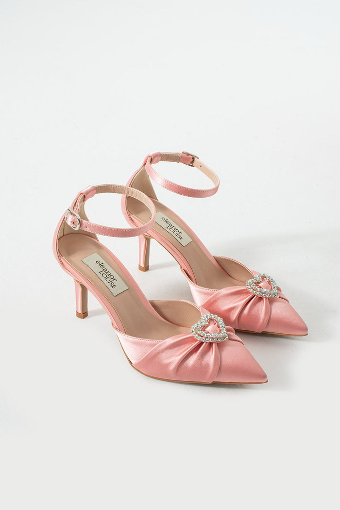 Maëlle | Rose Satin Mid Heels Bow with Heart Stone