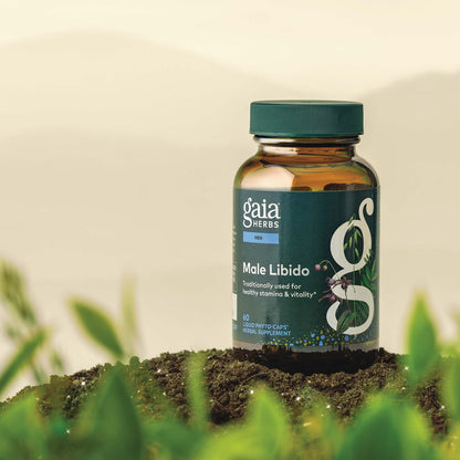 Gaia Herbs Male Libido 60 count supplement bottle on a grassy background
