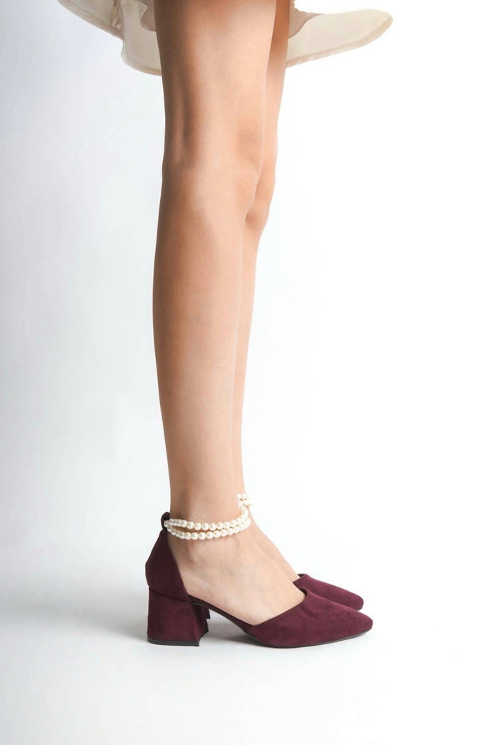 Margot | Burgundy Suede Mid Heels with Pearls