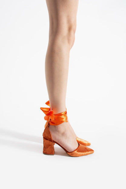 Meera | Orange Velvet High Heels with Ribbon