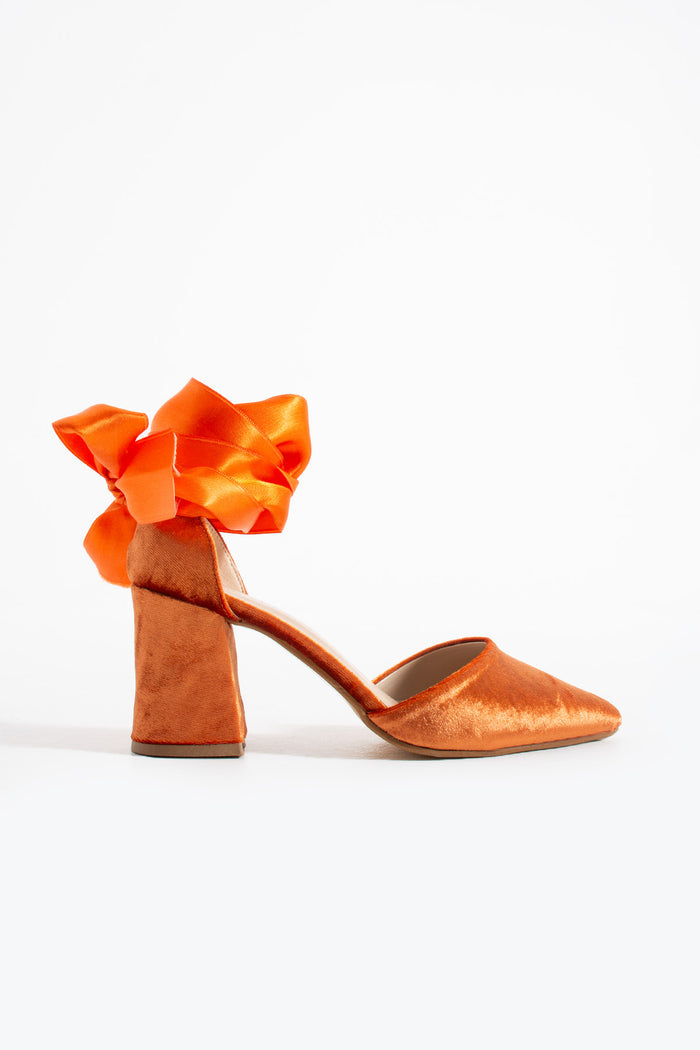Meera | Orange Velvet High Heels with Ribbon