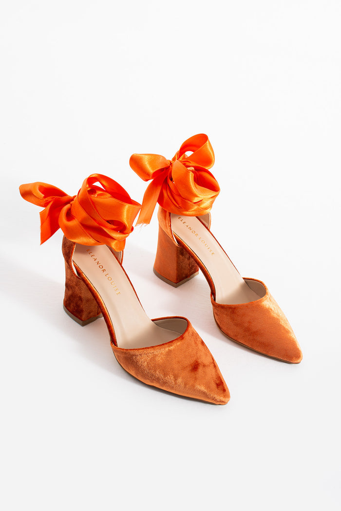 Meera | Orange Velvet High Heels with Ribbon